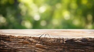 ai generato vuoto di legno tavolo con un' sfocato verde frondoso sfondo e luce del sole filtraggio attraverso il alberi, ideale per Prodotto Schermo. foto