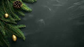 ai generato Natale decorazione con abete rami su un' buio roccia scistosa sfondo. foto