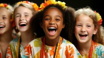 ai generato quattro giovane ragazze indossare hawaiano camicie, avendo un' gioioso momento come essi ridere insieme. generativo ai foto