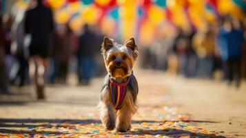 ai generato un' minuscolo cane vaga tra un' folla di le persone. generativo ai foto