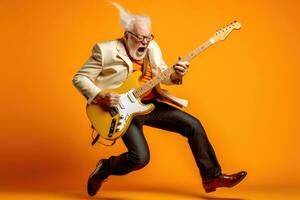 ai generato anziano sedia a dondolo giocando elettrico chitarra con ardente entusiasmo. foto