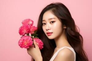ai generato coreano bellezza modello con impeccabile pelle e primavera fiori. foto