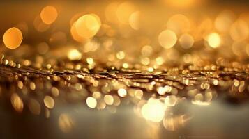 ai generato scintillante lusso, oro luccichio, bokeh scintillii, e particelle foto