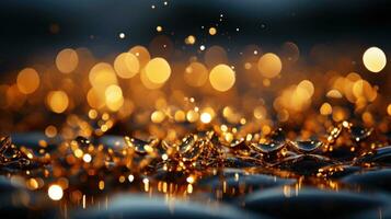 ai generato scintillante lusso, oro luccichio, bokeh scintillii, e particelle foto