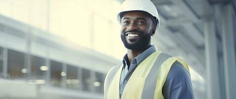 ai generato un' sorridente africano uomo ingegnere radiante fiducia e positività. foto