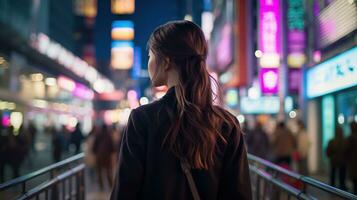 ai generato generativo ai, bellissimo ragazza su notte di il neon strada di Giappone, cyberpunk stile foto
