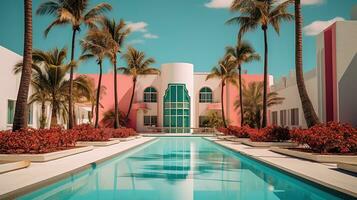 ai generato generativo ai, surreale miami città con deco retrò edifici, rosa e blu colori, estate vibrazioni foto