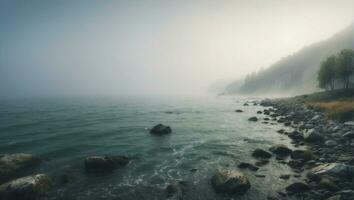 ai generato nebbioso mattina paesaggio con tranquillo, calmo mare e nuvoloso cielo foto