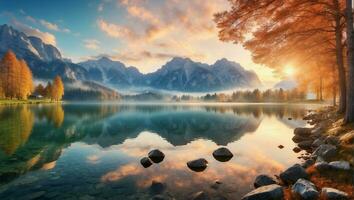 ai generato autunno mattina paesaggio e riflessivo lago riflettendo il bellezza di natura foto