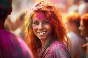 ai generato ritratto di un' giovane donna a il holi Festival, esprimendo la gioia. ai generativo. foto