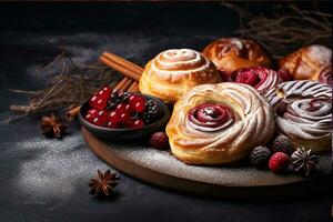 ai generato composizione con assortito pasticcini su di legno tavolo. cibo sfondo. foto