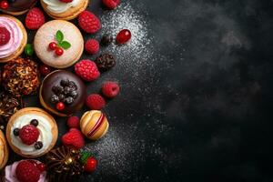 ai generato composizione con assortito pasticcini su di legno tavolo. cibo sfondo. foto