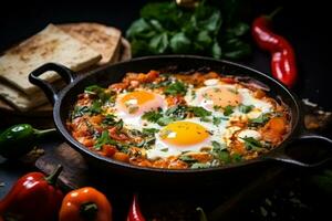 ai generato shakshuka nel un' frittura padella su un' nero sfondo. foto