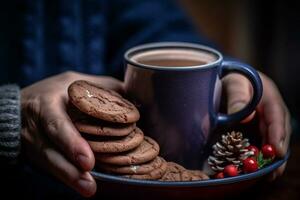 ai generato femmina mani Tenere tazza di caffè e biscotti su piatto foto