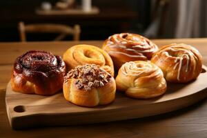 ai generato composizione con assortito pasticcini su di legno tavolo. cibo sfondo. foto