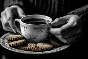 ai generato femmina mani Tenere tazza di caffè e biscotti su piatto foto