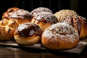 ai generato composizione con assortito pasticcini su di legno tavolo. cibo sfondo. foto