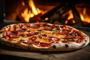 ai generato caldo Pizza nel il forno su un' di legno tavola. fuoco nel il sfondo foto