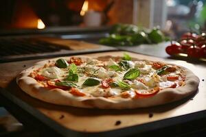 ai generato caldo Pizza nel il forno su un' di legno tavola. fuoco nel il sfondo foto