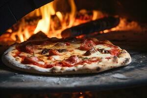 ai generato caldo Pizza nel il forno su un' di legno tavola. fuoco nel il sfondo foto