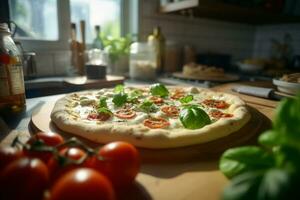 ai generato caldo Pizza nel il forno su un' di legno tavola. fuoco nel il sfondo foto