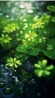 ai generato verde trifoglio le foglie con gocce di acqua. st. Patrick giorno generato con ai foto