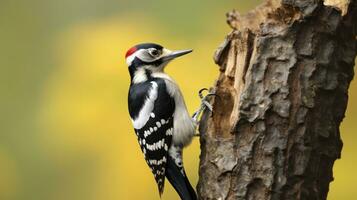 ai generato cattura il lanuginoso picchio nel suo naturale atto di beccare albero abbaiare foto