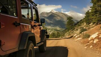 ai generato un' quella della jeep viaggio attraverso il selvaggio bellezza di montagnoso paesaggi foto