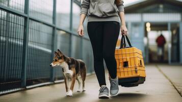 ai generato il riflessivo camminare di un' giovane donna tra riparo cani in attesa adozione. lei anche trasporta un' cane vettore o trasportatore foto