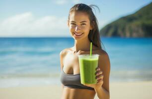 ai generato donna Tenere verde frullato su spiaggia foto