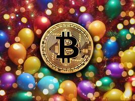 ai generato oro bitcoin su Natale sfondo con palloncini e bokeh. foto