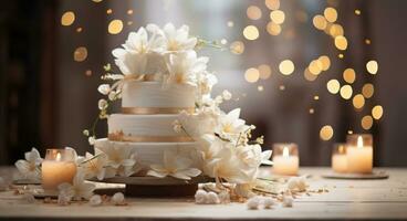 ai generato nozze torta con bianca fiori e d'oro stelle su un' bianca tavolo, foto