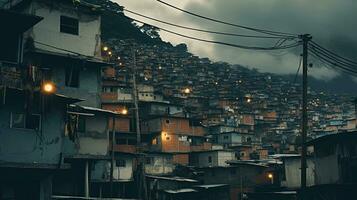 ai generato generativo ai, brasiliano favelas Comunità, panoramico Visualizza con molti case, urbano cittadina povero Casa edifici foto