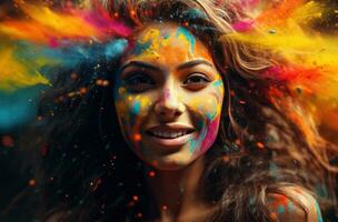 ai generato il bellissimo donna pittura sua viso con colorato holi dipingere foto