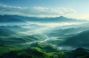 ai generato naturale Visualizza di verde colline come il sole sorge al di sopra di il valle foto