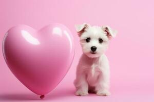 ai generato a forma di cuore rosa Palloncino cucciolo cane in piedi su rosa sfondo foto