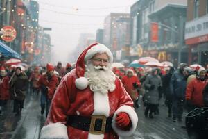 ai generato non identificato Santa Claus a piedi su il strada. foto