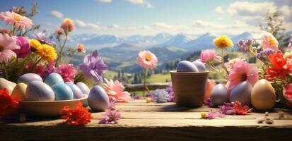 ai generato Pasqua uova su superiore di un' di legno tavola con fiori nel il sfondo foto