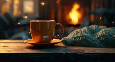 ai generato tazza di caffè e a maglia sciarpa su un' di legno tavolo nel vicino davanti di camino a inverno foto