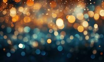 ai generato brillantemente illuminato Natale luci e bokeh sfondo oro e blu foto d'archivio