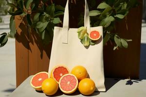 ai generato un' colorato Borsa scoppiando con un assortimento di frutta, foto