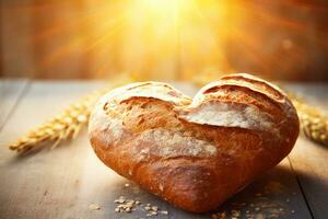 ai generato dolce torta nel il forma di un' cuore su un' di legno sfondo foto