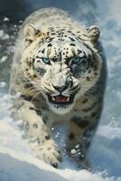 ai generato Immagine di neve leopardo in esecuzione nel il montagne legna foto