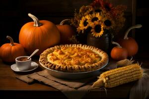 ai generato zucca torta con autunno zucche e Mais su di legno tavola foto