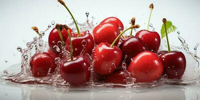 ai generato fresco maturo ciliegia con spruzzo effetto, succoso e gustoso frutta, salutare cibo foto