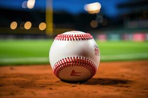 ai generato sport stadio con baseball palla a notte fondale per sfondo annuncio pubblicitario foto