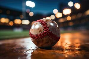 ai generato sport stadio con baseball palla a notte fondale per sfondo annuncio pubblicitario foto