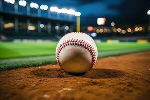 ai generato sport stadio con baseball palla a notte fondale per sfondo annuncio pubblicitario foto