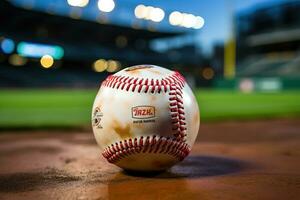 ai generato sport stadio con baseball palla a notte fondale per sfondo annuncio pubblicitario foto