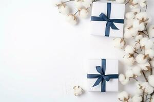 ai generato Marina Militare i regali scatole su bianca sfondo con fiori cotone rami. generativo ai foto